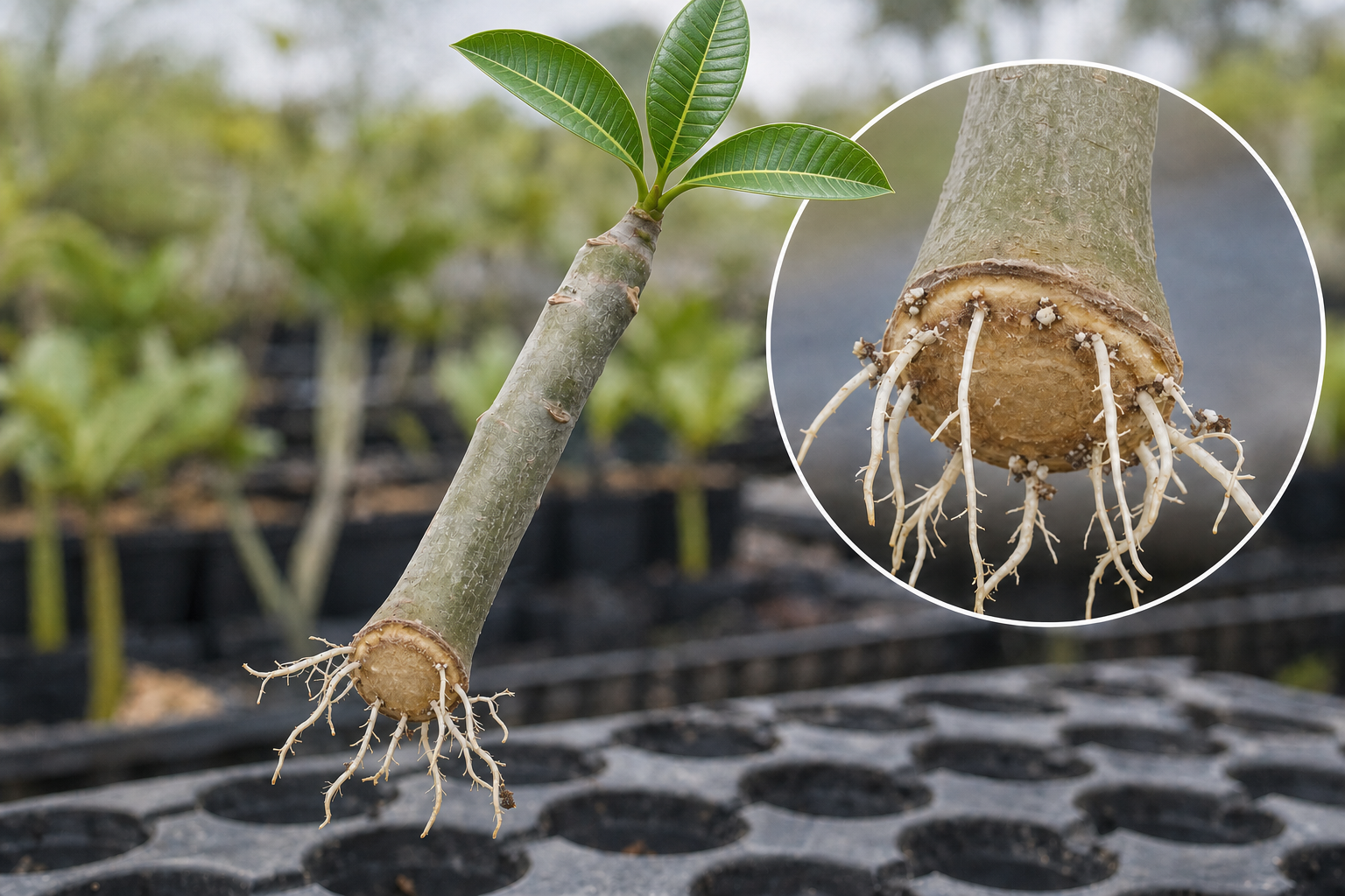 Healthy new roots on a plumeria cutting