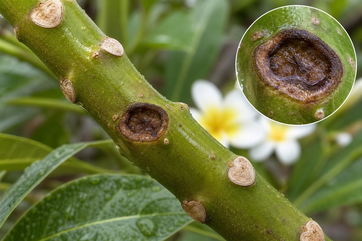 Plumeria stem with a localized wet sunken lesion centered on a leaf scar