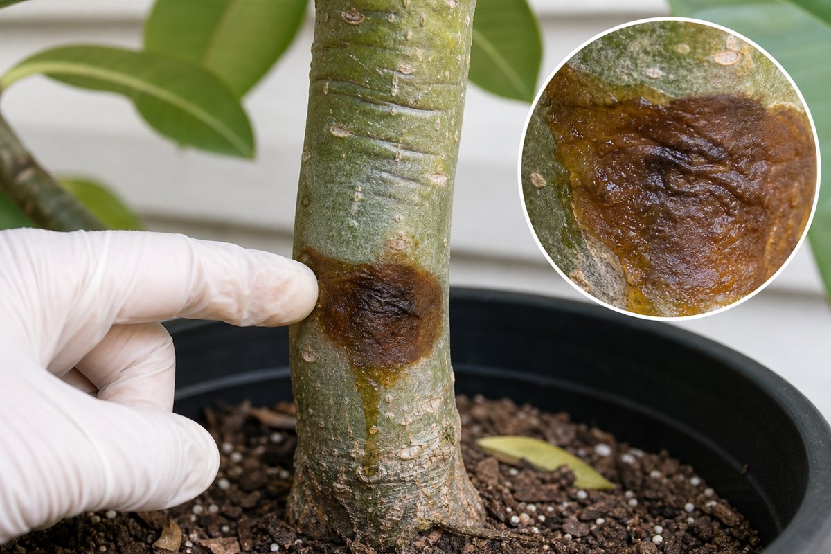 Plumeria trunk with a localized dark soft lesion and close view of decayed tissue