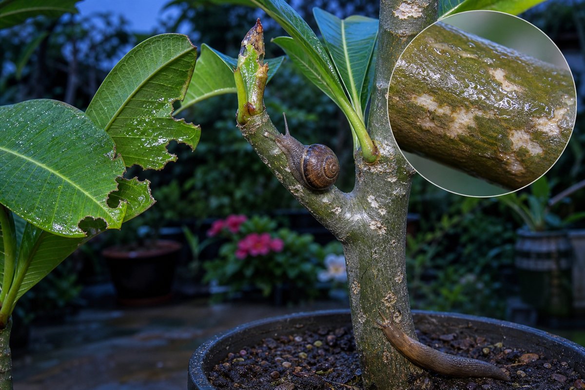 Plumeria reference showing snail or slug damage