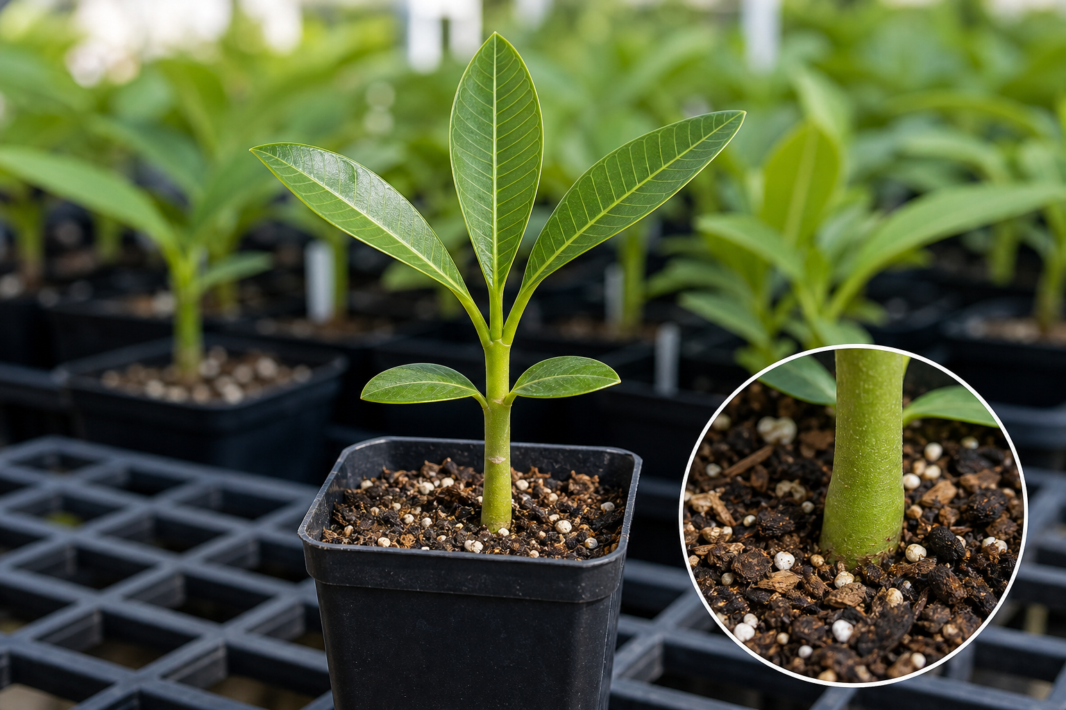 Healthy young plumeria seedling with a firm stem, green cotyledons, and developing true leaves