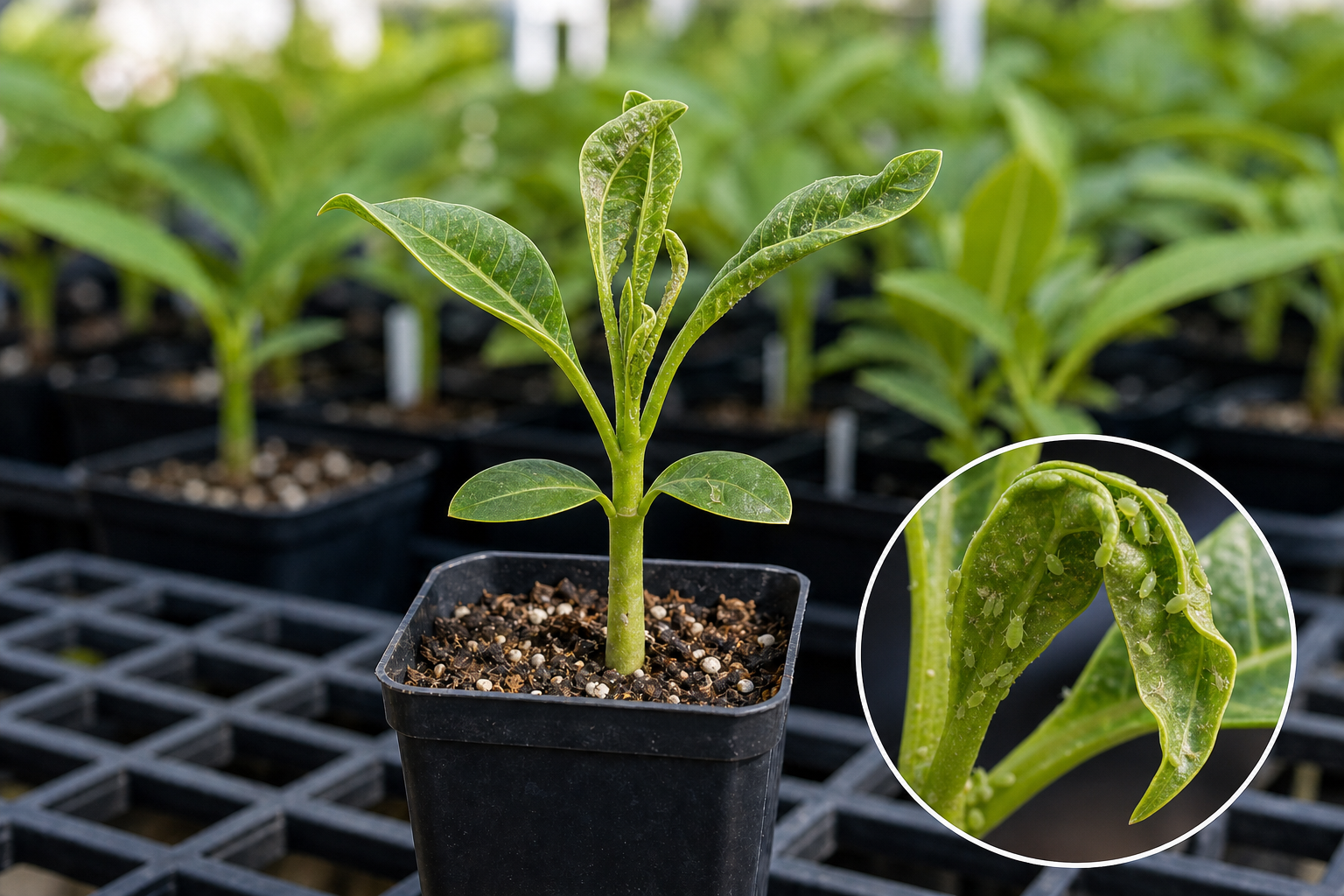 Young plumeria seedling with distorted tender growth associated with pest feeding