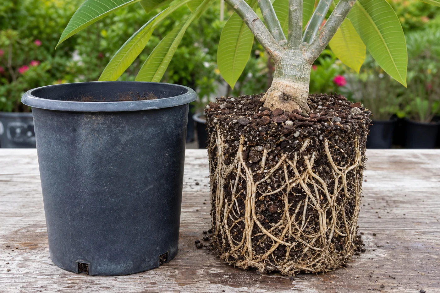 Healthy plumeria root ball with firm pale feeder roots in a coarse fast-draining mix