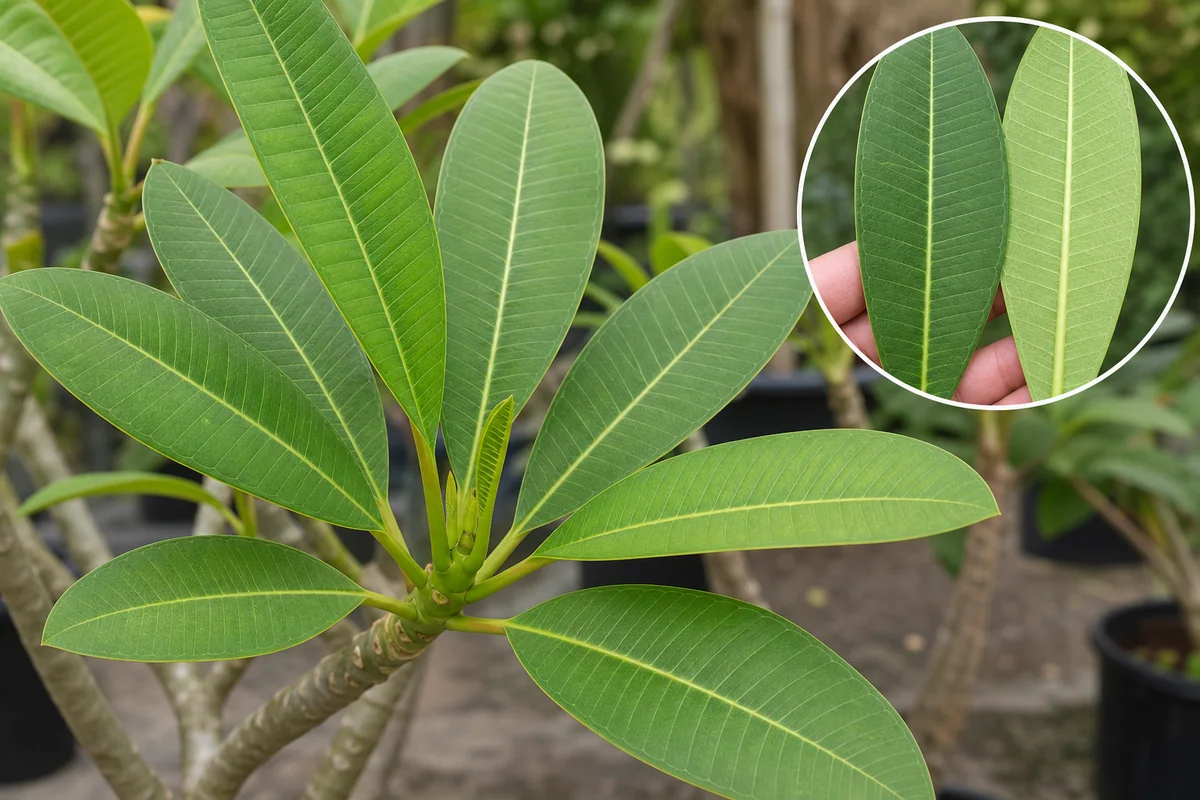 Illustrative healthy plumeria leaves with even green color, intact margins, and clean upper and lower surfaces
