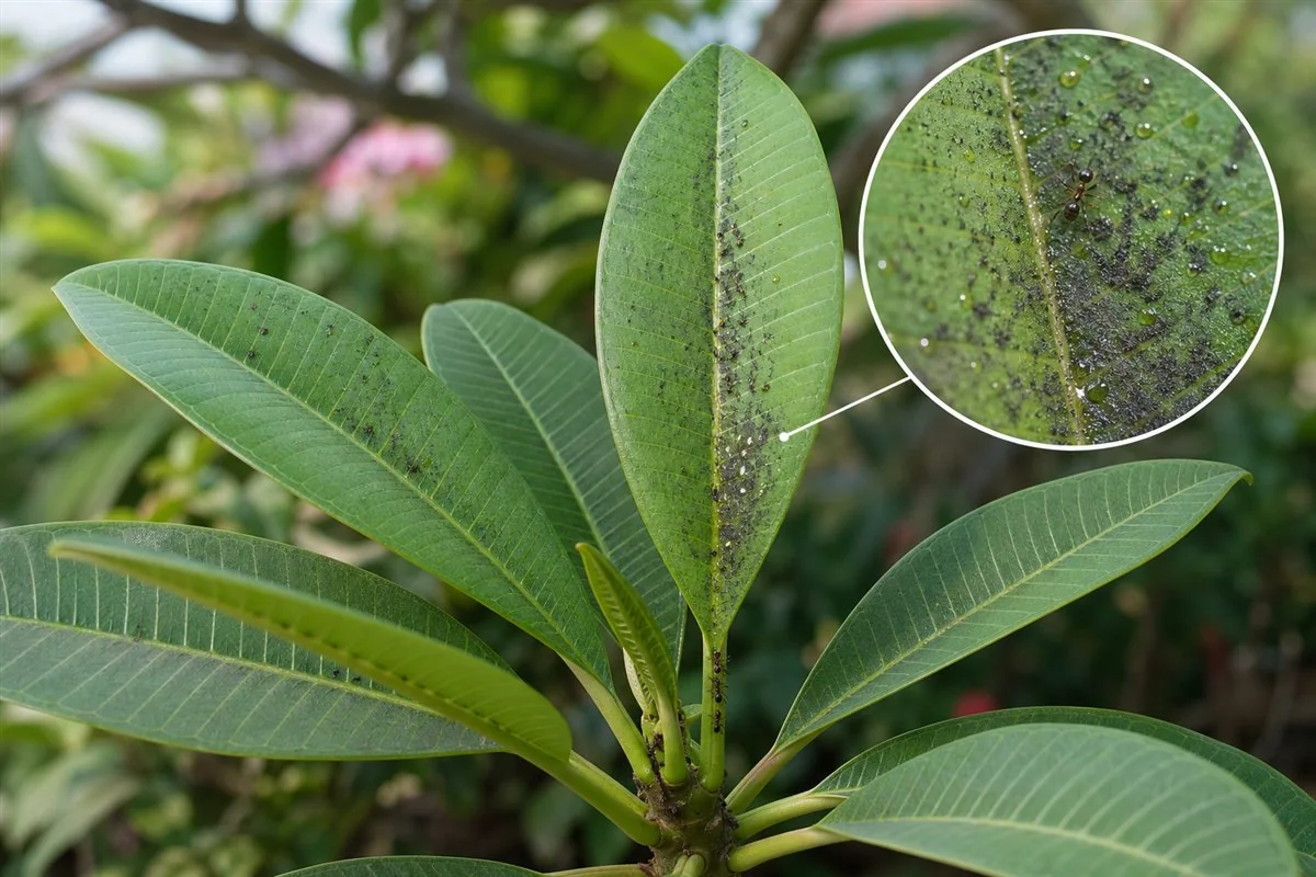 Plumeria reference showing sticky honeydew or black surface film