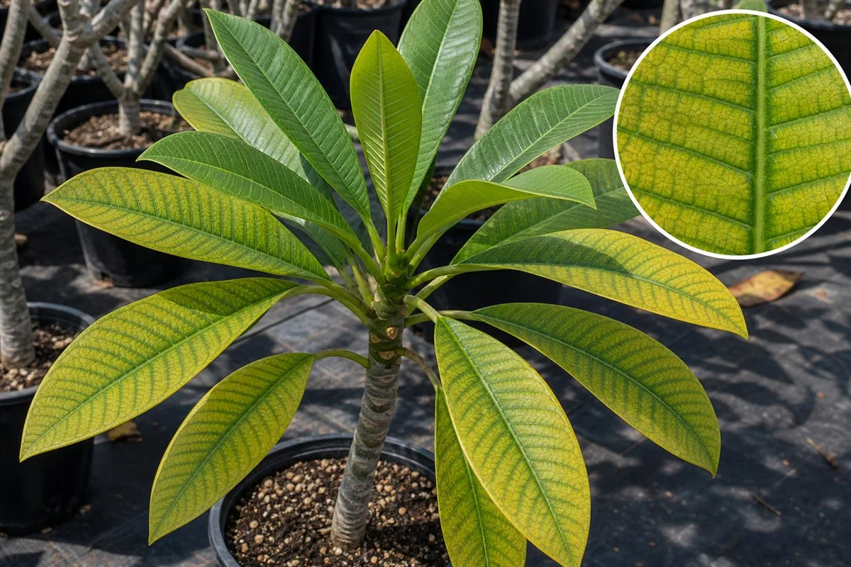 Plumeria reference showing yellow older leaves with green veins