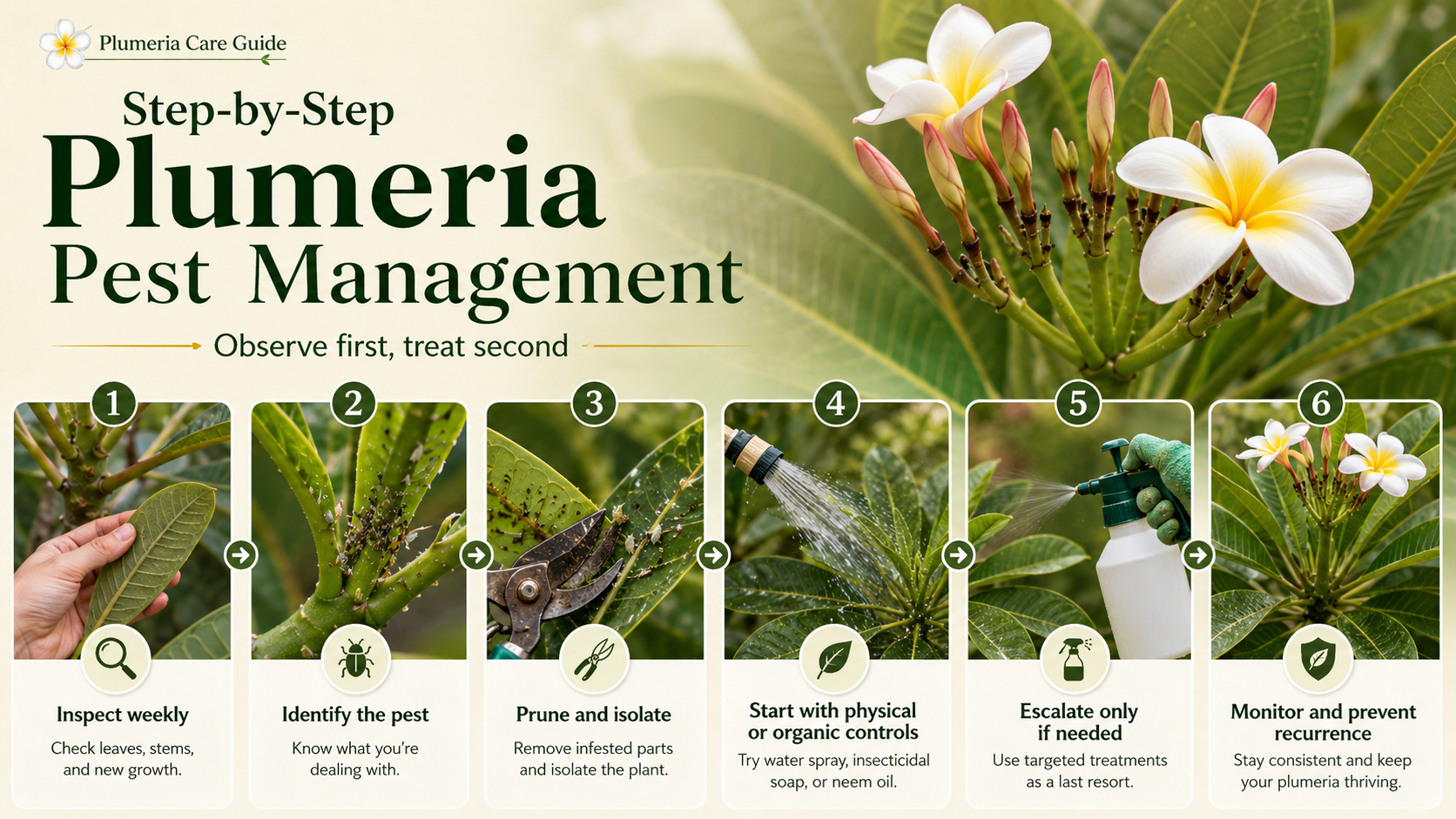 Step-by-step plumeria pest management process from inspection to monitoring