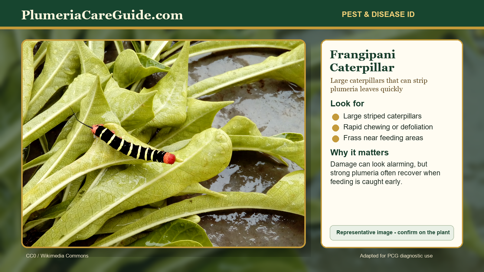 Diagnostic illustration of frangipani caterpillar damage on plumeria
