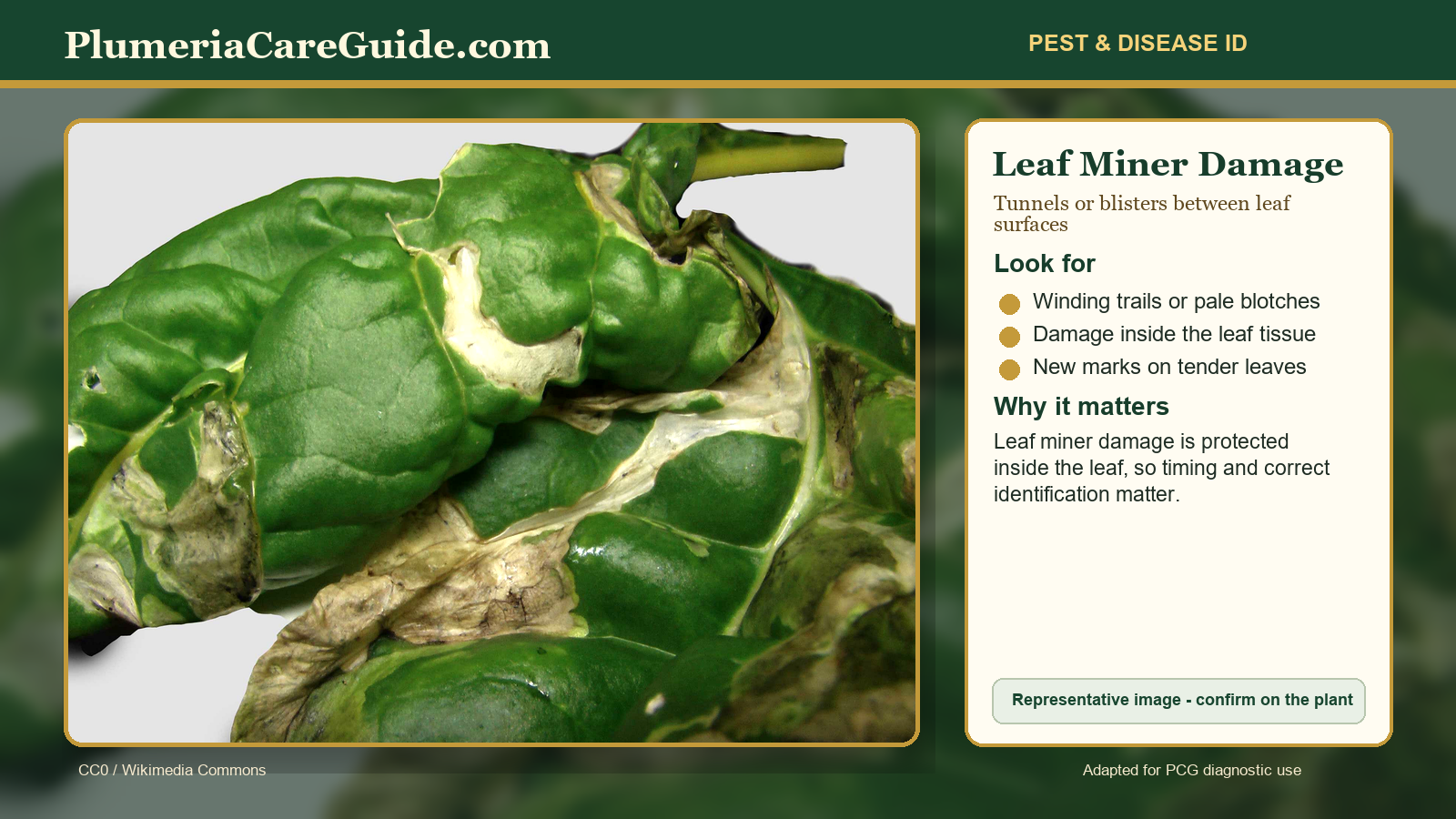 Diagnostic illustration of leaf miner trails and blotches on plumeria leaves