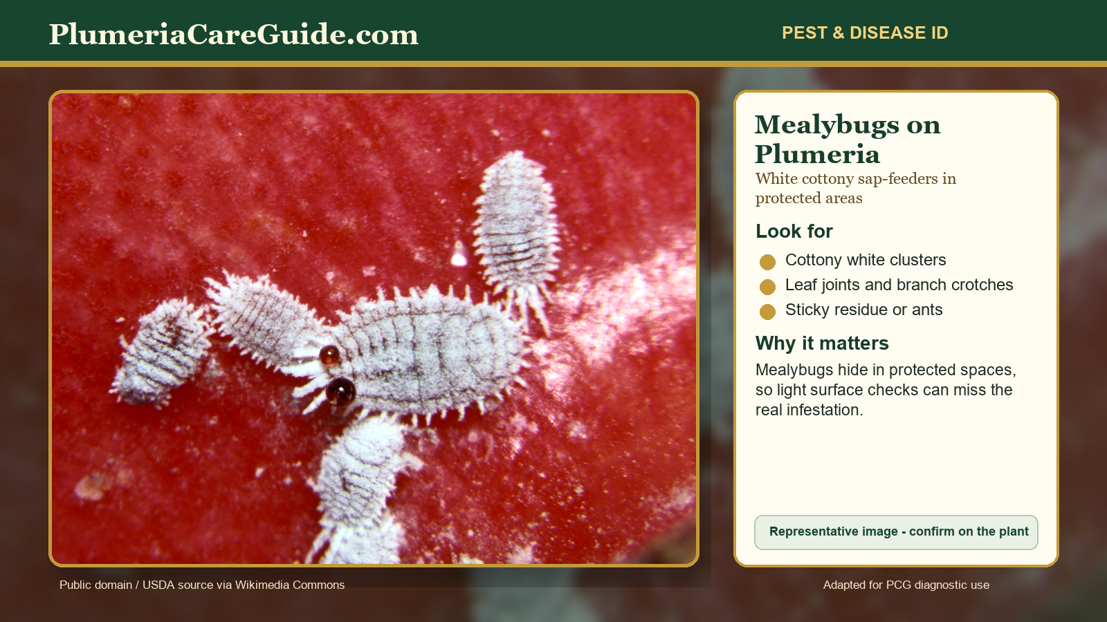 Diagnostic image showing mealybugs and white cottony pest clusters on plumeria