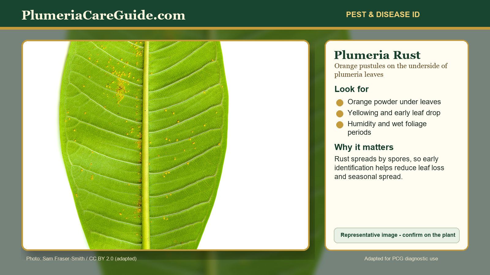 Diagnostic image showing orange plumeria rust pustules on plumeria leaves