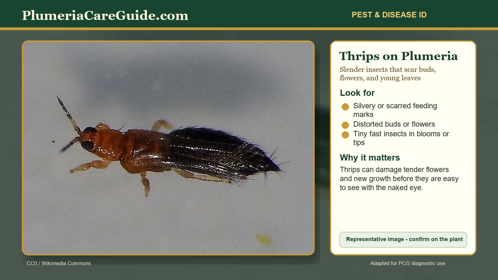 Diagnostic illustration of thrips damage on plumeria flowers and tender growth