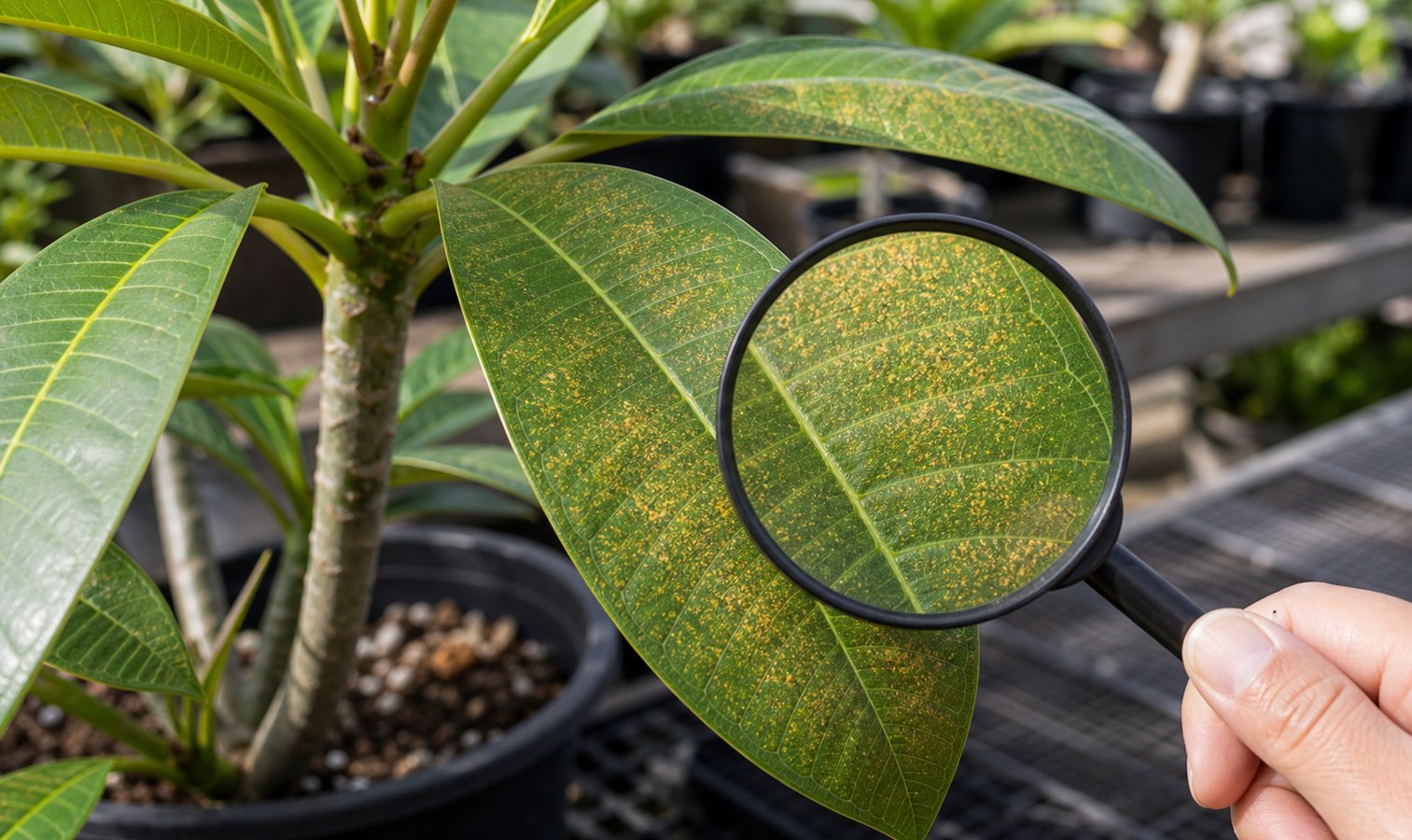 Illustrative plumeria leaf showing rust mite-like bronzing and fine speckling damage for comparison