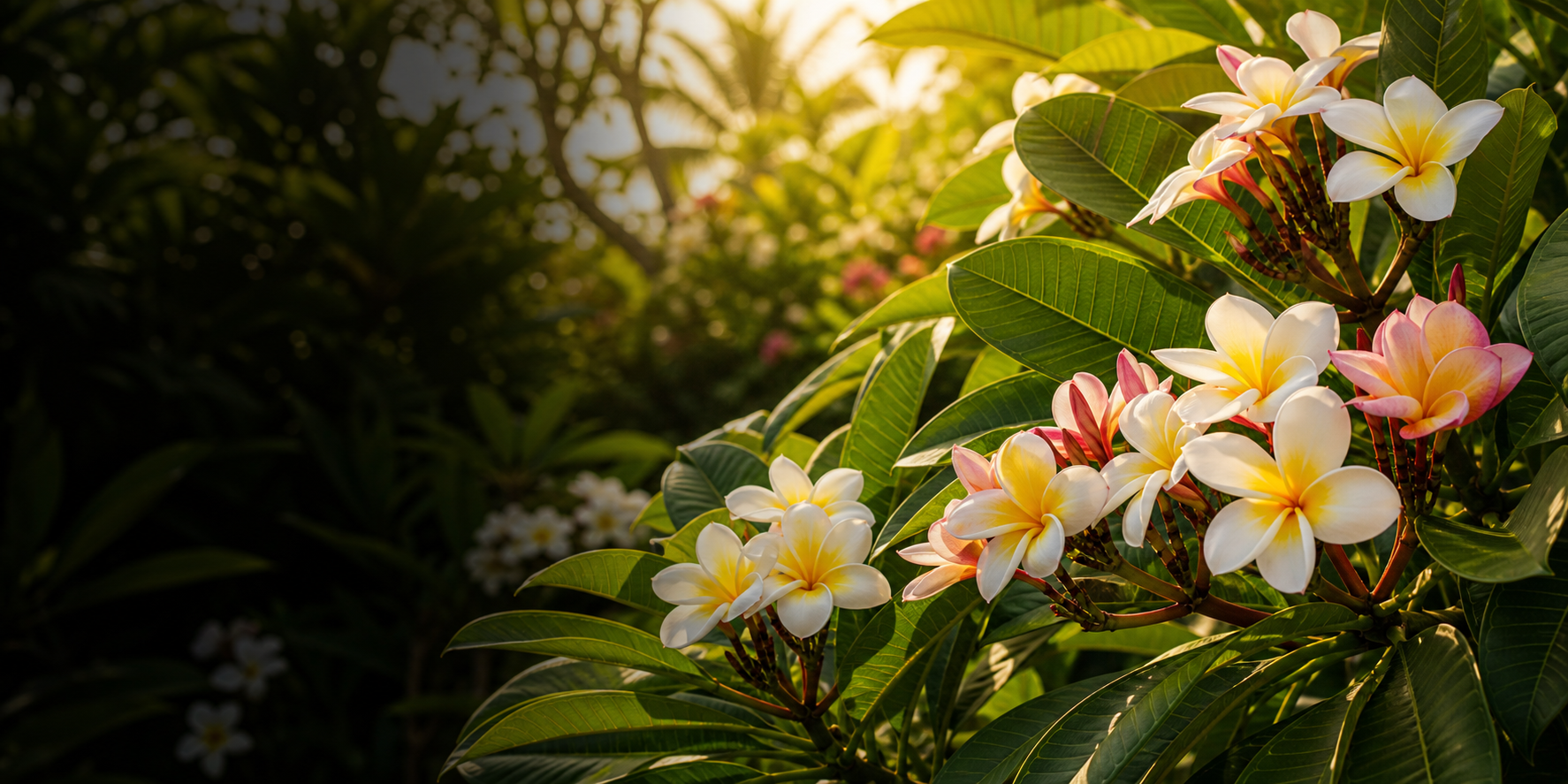 Photorealistic plumeria flowers and green leaves in a tropical garden