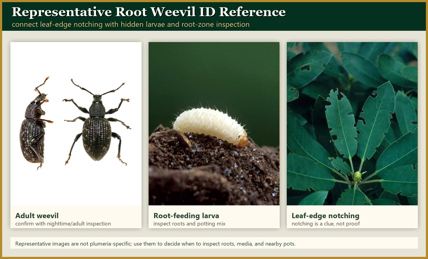 Representative root weevil diagnostic composite showing leaf notching and root-zone concern