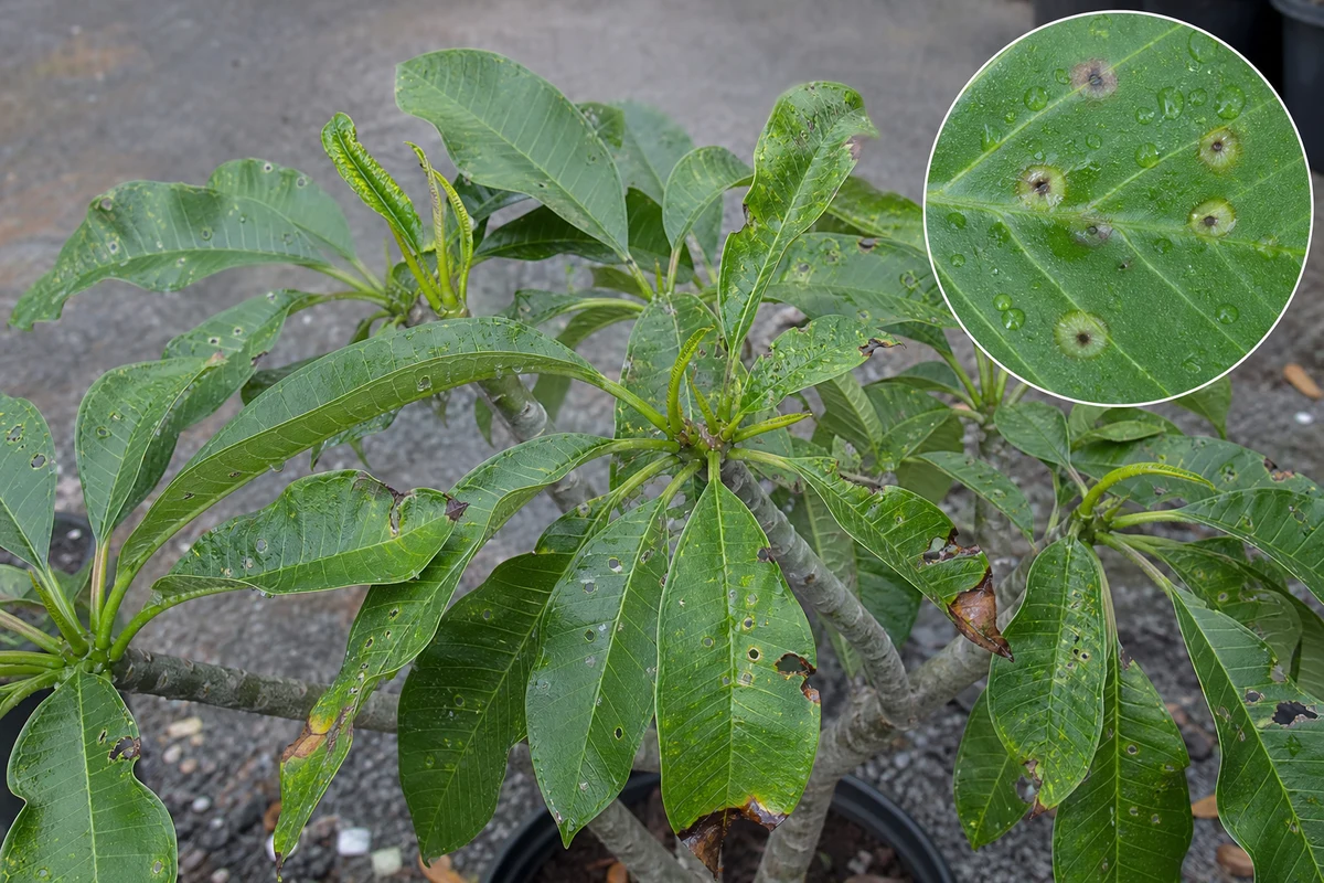 Hail and severe-storm impact injury on plumeria leaves