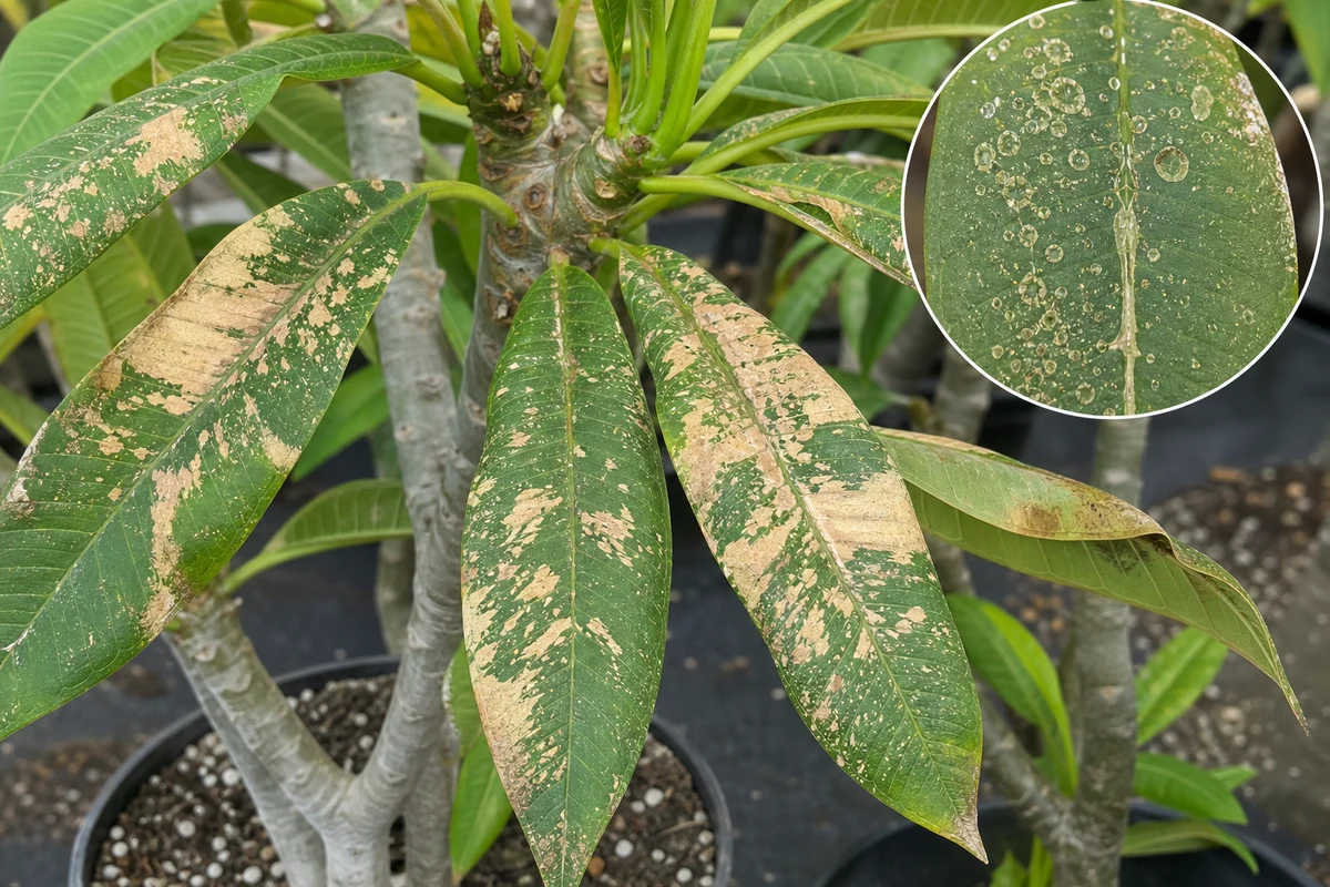 Spray, oil, fertilizer, or chemical injury on plumeria leaves