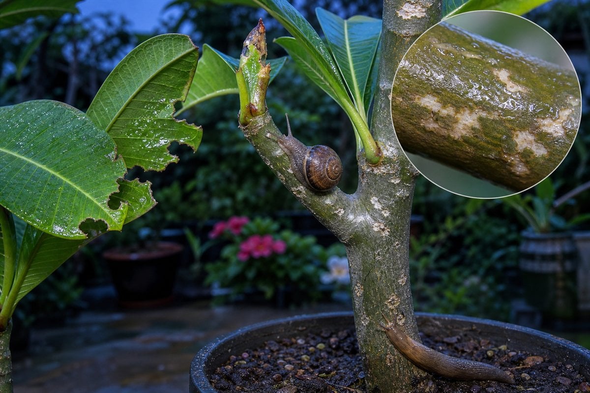 Snail and slug on plumeria with rasping damage on leaves, trunk, and branch
