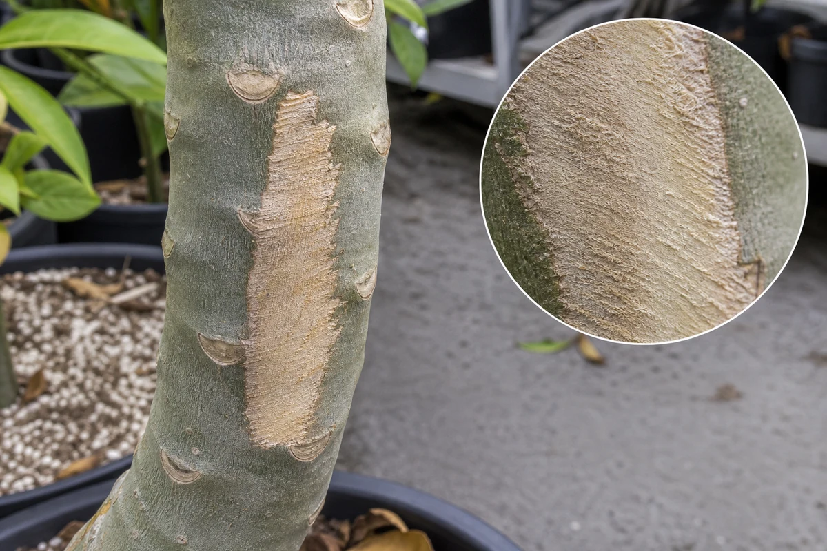Rubbing and bark abrasion on a plumeria trunk