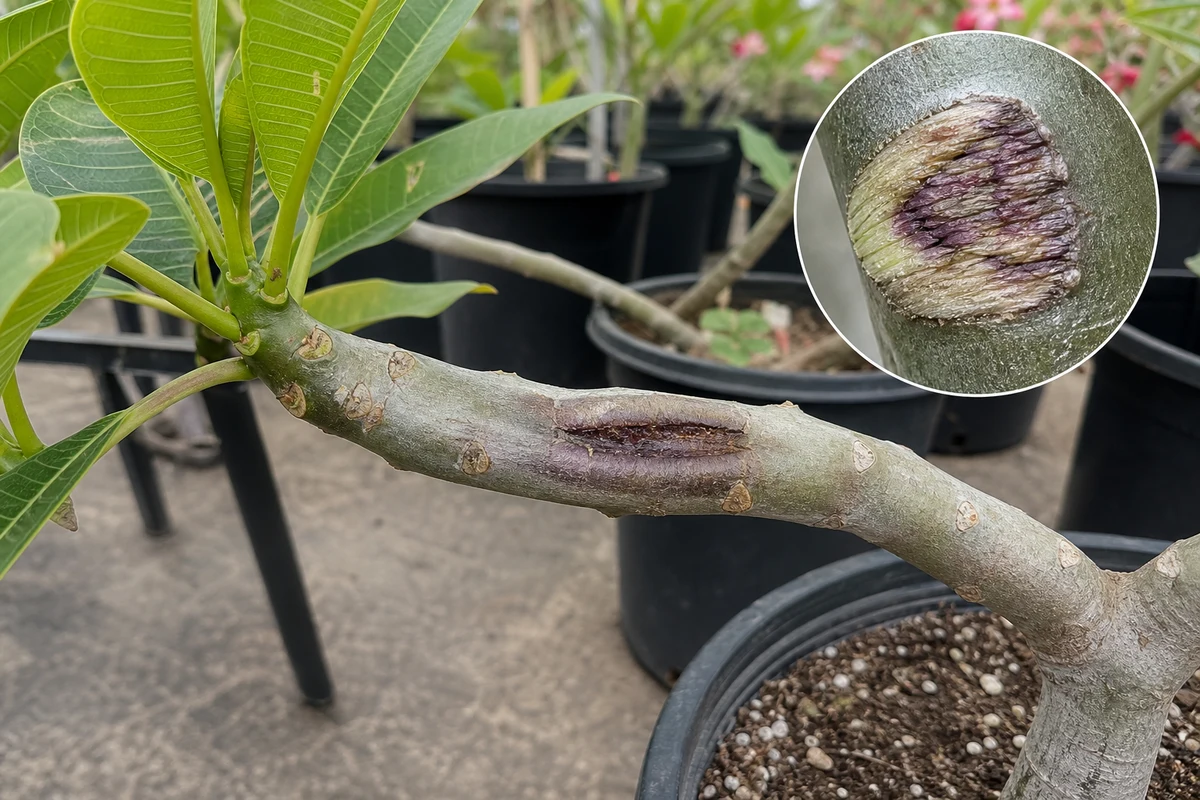 Crushed or bruised stem tissue on plumeria