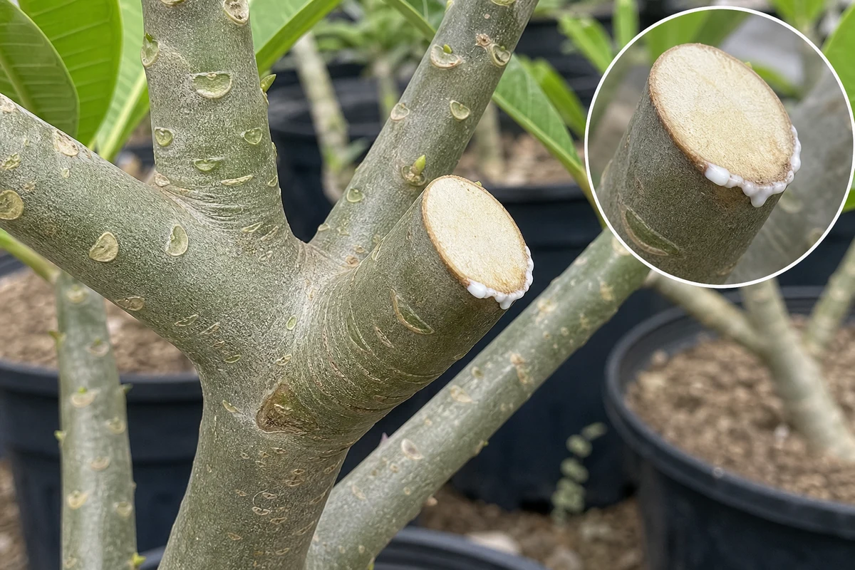 Clean pruning or tool wound on a plumeria branch