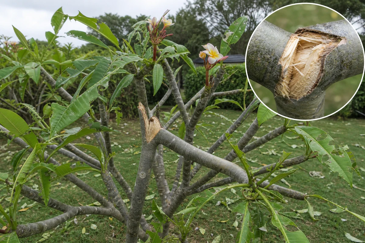 Storm, wind, or falling-object damage on plumeria