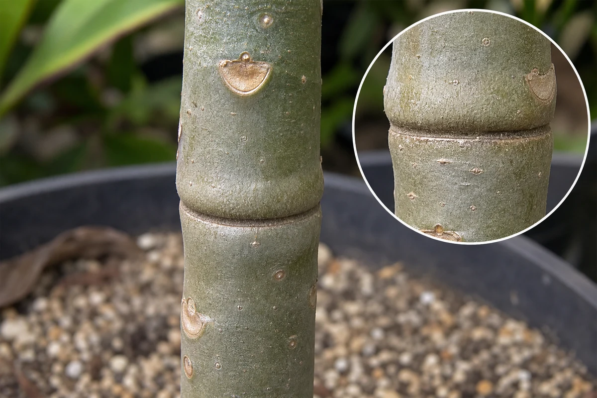 Tie, wire, or label constriction on a plumeria stem