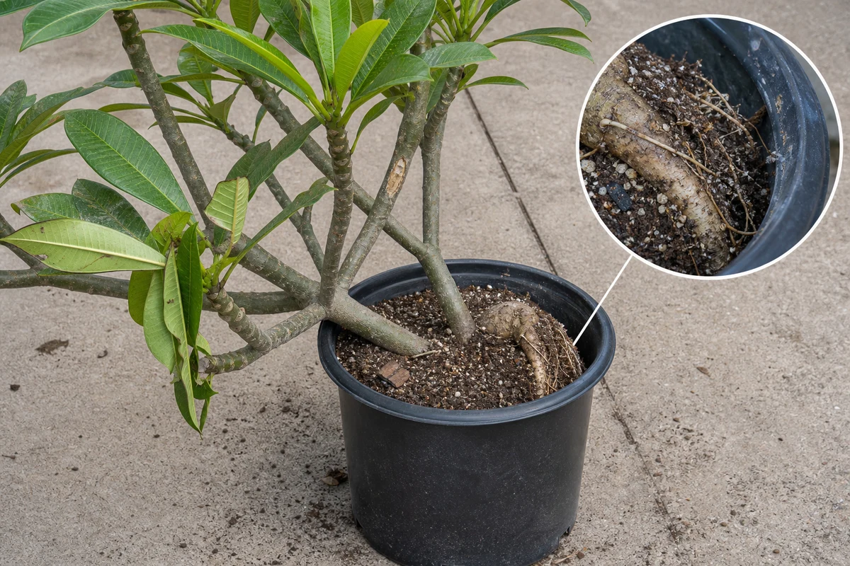 Toppling or transport damage to a potted plumeria
